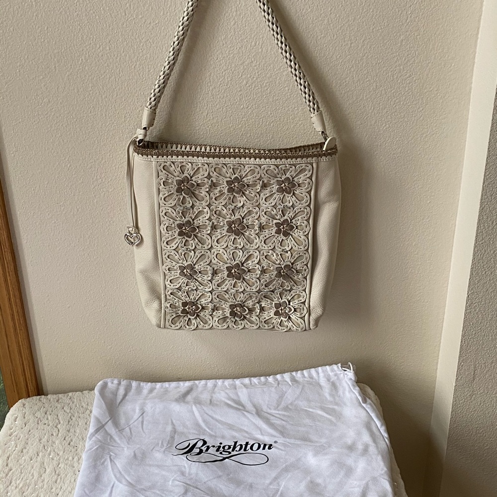 Brighton White Leather Flower Patchwork Tote Euc - image 2